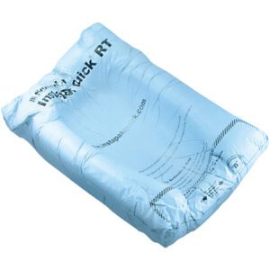 A blue rectangular 15 x 18 Instapak Quick® RT foam bag is part of a bulk pack of 180 per case and features clear usage instructions and safety info on its surface.