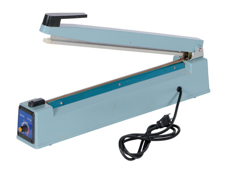 The Vestil Impulse Bag Sealer impresses with its blue and silver finish, black handle and dial, 15.5-inch seal width, attached power cord, and rectangular design that opens wide for efficient sealing.