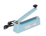 The Vestil Impulse Bag Sealer with a 7.5-inch seal width comes in teal and has a black handle. This electric impulse heat sealer is ideal for efficiently sealing plastic bags, featuring a labeled side for easy use.