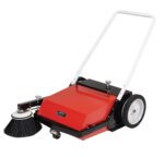The Vestil Manual Brush Sweeper Belt Driven features a sleek red and black design, a white handle, large black wheels, a rectangular shape, and a rotating side brush for effortless surface cleaning.