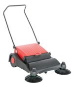 The Vestil Manual Brush Sweeper Large Belt Driven is a push sweeper in red and black, featuring a handlebar, two large circular rotating brushes at the front, and sturdy wheels for smooth maneuverability, making it ideal for efficient outdoor cleaning.