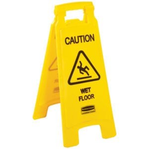 The MH-USA Wet Floor Sign - 2-Sided English Stand has a bright yellow design and slip hazard symbol to clearly mark slippery areas.