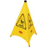 The MH-USA Wet Floor Safety Cone by Rubbermaid is a yellow triangular sign with Caution, Cuidado, and Attention alongside a slipping figure icon, featuring a black top.