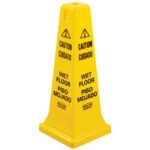 The MH-USA Wet Floor Safety Cone is a 4-sided multilingual cone with Caution and Cuidado, featuring a warning triangle symbol. It displays Wet Floor and Piso Mojado, and includes a yellow color and wide base for stability.