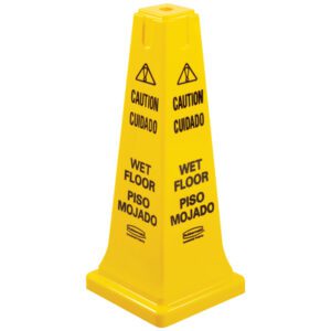 The MH-USA Wet Floor Safety Cone is a 4-sided multilingual cone with Caution and Cuidado, featuring a warning triangle symbol. It displays Wet Floor and Piso Mojado, and includes a yellow color and wide base for stability.