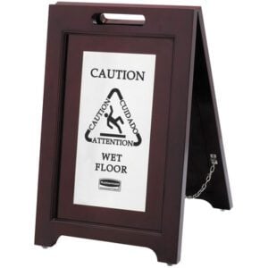 The MH-USA Wooden Wet Floor Sign is a 2-sided stand featuring Caution Wet Floor messages and slipping person icons in a triangle, with warnings in English, Spanish, and French.