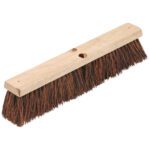 The MH-USA Garage Broom Head - 18 has a wooden base and dense, coarse brown bristles, ideal for sweeping indoors and outdoors. It features two holes for handle attachment.