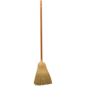 The MH-USA Corn Broom features a long wooden handle and wide bristle head, ideal for sweeping. Natural-colored bristles are tightly bound to the handle, showcasing its timeless design against a plain white background.