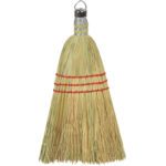 The MH-USA Whisk Broom (12/Case) features a straw whisk design with a silver metal cap, hanging loop, and three red bands on the bristles for a classic, rustic look.