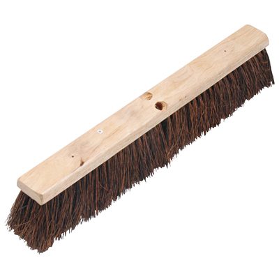 JAN126.jpg The MH-USA Garage Broom Head - 24 is a wooden push broom with dark, fanned-out bristles, designed for sweeping large areas. It features a sturdy build and two holes for easy handle attachment, making it ideal for garage cleanup tasks.