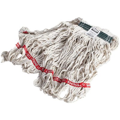 JAN162.jpg The Rubbermaid® Swinger Loop® Wet Mop Head - White, 16 oz. (6/Case) features long cotton strings and a red CAUTION WET FLOOR band, set against a white background with an attached top-edge tag.