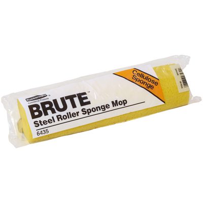 JAN171.jpg Packaging for a Brute Steel Roller Sponge Mop highlights its yellow cellulose sponge, compatible with the 12 Rubbermaid® Cellulose Replacement Head.