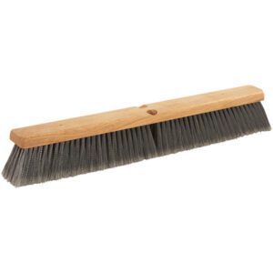 The MH-USA 24 Medium-Duty Broom Head (3 Gray Flagged Polypropylene) features a wide rectangular design with 3 gray flagged bristles and a sturdy wooden block, including a central hole for easy handle attachment, ensuring clean and evenly arranged bristles for efficient sweeping.