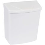The MH-USA White Wall Mountable Sanitary Napkin Receptacle has a modern, rectangular shape with a slanted lid for easy access.