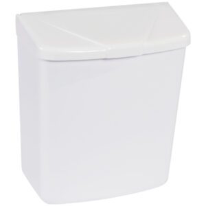 The MH-USA White Wall Mountable Sanitary Napkin Receptacle has a modern, rectangular shape with a slanted lid for easy access.