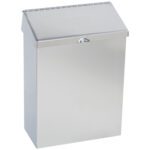 The MH-USA Stainless Steel Wall Mountable Sanitary Napkin Receptacle has a slanted lid and small pull handle for easy access. Its smooth, metallic finish makes it ideal for hygienic disposal in any setting.