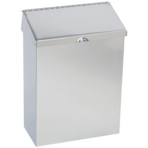 The MH-USA Stainless Steel Wall Mountable Sanitary Napkin Receptacle has a slanted lid and small pull handle for easy access. Its smooth, metallic finish makes it ideal for hygienic disposal in any setting.