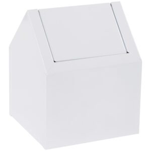 The MH-USA Swing-Top Sanitary Napkin Receptacle, in a modern white cube shape, features a forward-angled lid for indoor use. Its floor-standing design and sleek style make it ideal for contemporary settings.
