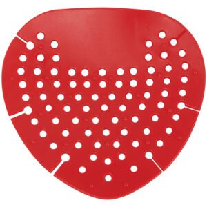 The MH-USA Urinal Flat Screen (12/Case) is a red plastic, triangular urinal screen with circular holes, rounded edges, and side notches designed to fit well in bowls while preventing splashes and blocking debris.