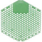 The MH-USA Deluxe Urinal Screen in cucumber melon scent, with a green hexagonal design and small openings, effectively maintains cleanliness and reduces odor. The solid top section displays fresh, making it ideal for any restroom. (10/Case).