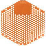 The MH-USA Deluxe Urinal Screen - Mango (10/Case) features an orange, hexagonal-patterned surface with a fresh label, ensuring cleanliness and odor control by fitting flat in the urinal.