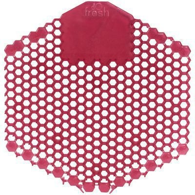 JAN242.jpg The MH-USA Deluxe Urinal Screen - Spiced Apple (10/Case) has a red, hexagonal-patterned design with a solid top section displaying fresh.