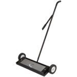The MH-USA Magnetic Sweeper - 24, Push-Type is a black, wheeled tool designed for efficiently collecting metal debris from floors using its magnetic strip and features a long handle for easy maneuvering.