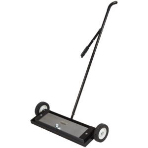 The MH-USA Magnetic Sweeper - 24, Push-Type is a black, wheeled tool designed for efficiently collecting metal debris from floors using its magnetic strip and features a long handle for easy maneuvering.