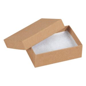 A small, open 3 1/16 x 2 1/8 x 1 brown Kraft jewelry box with a detached lid, featuring a white textured lining ideal for fragile items or gifts. Available in cases of 100, it rests against a plain white background.