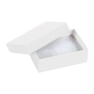 The MH-USA jewelry box, measuring 3 1/16 x 2 1/8 x 1, boasts a sleek open design with a plush fuzzy interior, ideal for treasures. Its minimalist white background enhances the elegance of this high-quality packaging, available in cases of 100.
