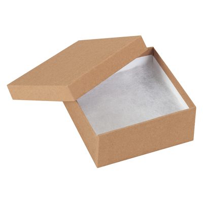JB3312K.jpg A 3 1/2 x 3 1/2 x 1 1/2 Kraft Jewelry Box, lined with white tissue and partially open to display its interior, is elegantly empty against a white background.