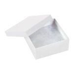 An open MH-USA 3 1/2 x 3 1/2 x 1 1/2 white jewelry box with a lid angled to the side on a plain white background. The interior features textured, shiny paper, perfect for displaying treasured items. Available in cases of 100.