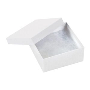 An open MH-USA 3 1/2 x 3 1/2 x 1 1/2 white jewelry box with a lid angled to the side on a plain white background. The interior features textured, shiny paper, perfect for displaying treasured items. Available in cases of 100.