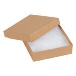 The 3 1/2 x 3 1/2 x 1 kraft jewelry boxes have a removable lid and include white padding, ideal for delicate items. The plain brown design is perfect for packaging jewelry or small gifts, sold in convenient cases of 100.