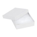 The MH-USA 3 1/2 x 3 1/2 x 1 white jewelry box, slightly open, reveals soft white padding inside—ideal for displaying treasures.