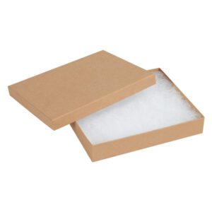 The 6 x 5 x 1 Kraft Jewelry Boxes (50/Case) have a removable lid and white cushioning inside.