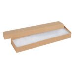 A long, rectangular, brown cardboard box with a slightly open lid showing white padding inside resembles an empty 8 x 2 x 7/8 Kraft Jewelry Box from the 100 per case set, resting against a plain white background.