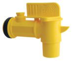 The Vestil Jumbo Manual Drum Faucet, with a yellow plastic build and 2 bung size, features a side knob, cylindrical opening, textured details, and a top ridge for grip.