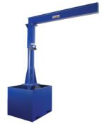 The Vestil Port Jib 1000 Capacity 8 Ft Ibeam W/Empty Base is a blue industrial jib crane with a strong base, vertical column, and right-extending horizontal arm, designed for lifting and moving heavy objects in workspaces.