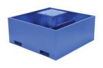 A blue metal box with a square base and open top, featuring a smaller central platform, reminiscent of the Vestil Additional Steel Base 18 In. Empty. It has bottom slots on two sides for easy handling or lifting when empty.