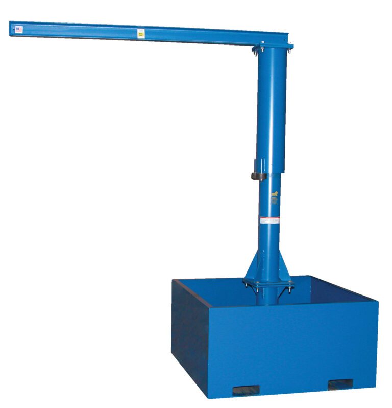 A freestanding jib crane modeled after the Vestil Port Jib 250 Capacity 10 Ft Ibeam W/Empty Base, with a rectangular base, vertical support column, and horizontal arm for lifting or moving heavy loads in industrial settings.