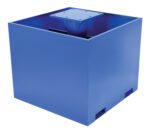 The Vestil Additional Steel Base 36 In. Empty is a large, blue metal industrial box with an open top and a central reinforced square mounting plate. It features a smooth matte finish and four base openings for secure placement or transport, along with an extra 36-inch steel base.