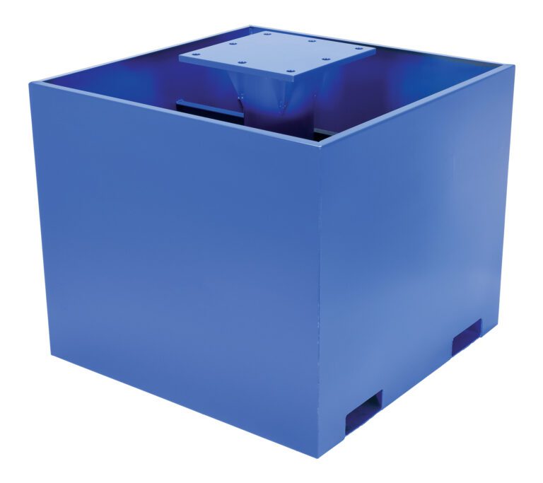 The Vestil Additional Steel Base 36 In. Empty is a large, blue metal industrial box with an open top and a central reinforced square mounting plate. It features a smooth matte finish and four base openings for secure placement or transport, along with an extra 36-inch steel base.
