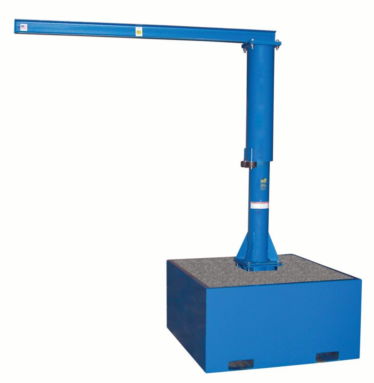 Image of a blue Vestil Port Jib 500, showcasing a long arm on a textured metal base. Its 10 ft I-beam efficiently and reliably supports or moves heavy objects in workspaces.