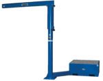 The Vestil Additional Offset Steel Base 18 In. Filled W/Concrete enhances stability for the blue automotive lift, which has a vertical column and horizontal arm with a level on top, making it perfect for vehicle maintenance or repairs.