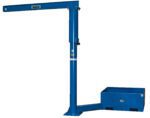 The Blue automotive lift tower mirrors the sturdy Vestil Port Offset Jib 500 Cap 10Ft Ibeam W/Empty Base, featuring a horizontal arm with a level indicator on top and a square base with storage, standing prominently against a white background.