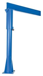 The Vestil Floor Mounted Jib Crane, with a 4000 lb capacity, has a sleek industrial design featuring a blue metal build, vertical support column, and right-extending horizontal arm. Its base is bolted to the ground for rotational movement.