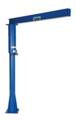 The blue industrial-design Vestil Floor Mounted Jib, with a 600 lbs capacity, has a tall cylindrical column and a long horizontal arm for lifting. The base bolts securely to the ground, and the arm extends outwards for efficient material handling.