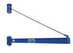 The Vestil Wall Mount Jib High Clearance 600 Lb features a blue industrial build, diagonal support cable, and two mounting plates with bolts for security. The labeled arm stands out against the white background.