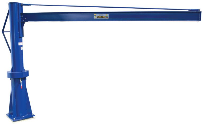 The blue Vestil Multi Station Jib Crane 1K 120 X 71.82, featuring a vertical column and horizontal beam with the BLACK BEAR logo, is robustly anchored to the ground for easy lifting and moving of heavy objects.